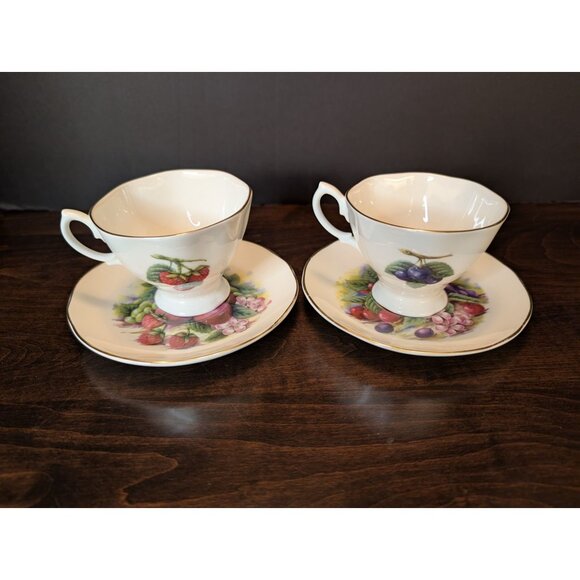 Royale Garden Fruit Medley Bone China Tea Cups & Saucers Set Of 2 Staffordshire - Picture 10 of 10